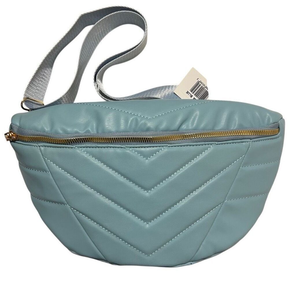 New XL Quilted Chevron Waist bag Fanny light blue Zipper unisex vegan leather
